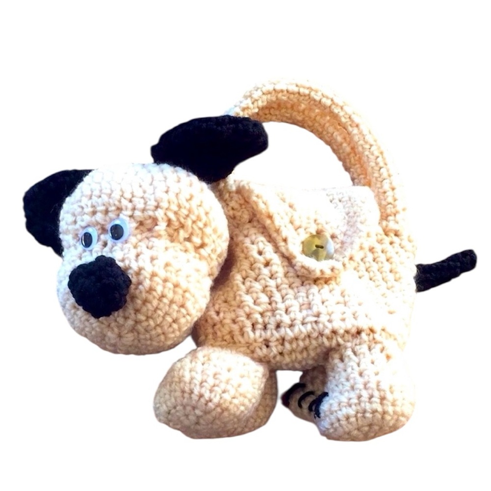 Hand Crafted Crochet Beige and Black Puppy Dog Purse Children’s Carry Toy - Picture 9 of 10